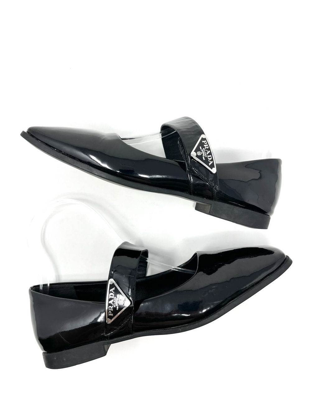Prada Black Patent Leather Square Toe Triangle Logo Mary Jane Janes Flats 38 8 - Picture 2 of 11